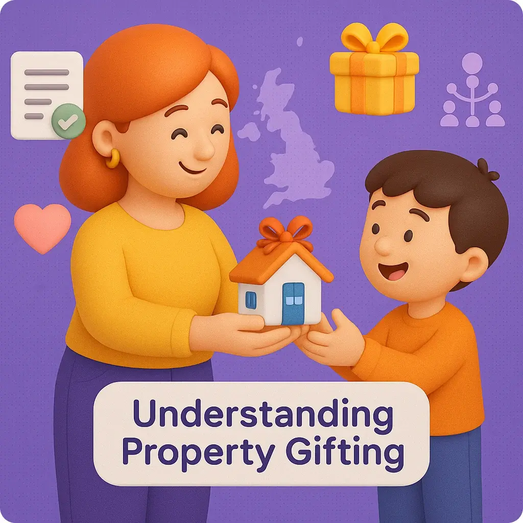 A woman hands a gift-wrapped house to a smiling boy, with icons of a checklist, heart, gift box, UK map, and the text “Understanding Property Gifting” in the background.