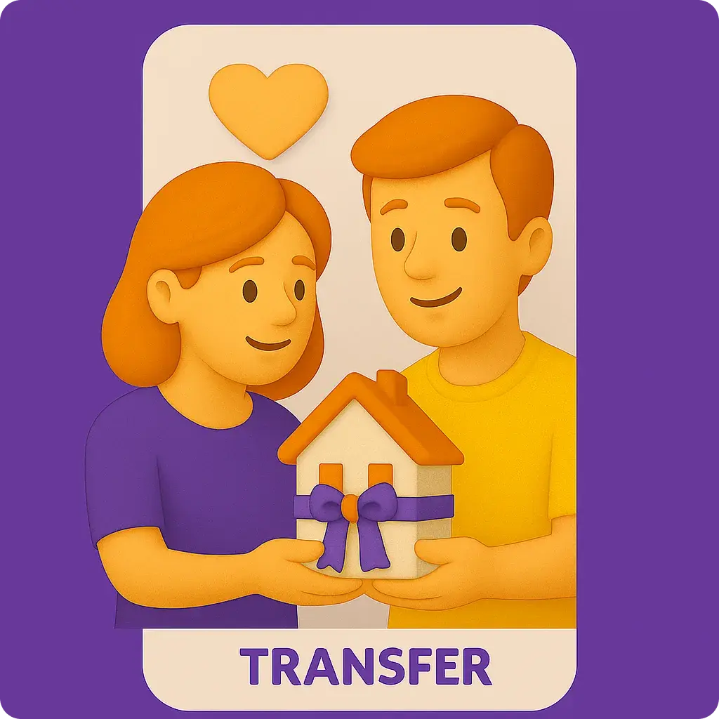 Couple holding a gift-wrapped house with purple ribbon and heart symbol above, with TRANSFER text below, illustrating property transfer or gifting between partners on purple background.