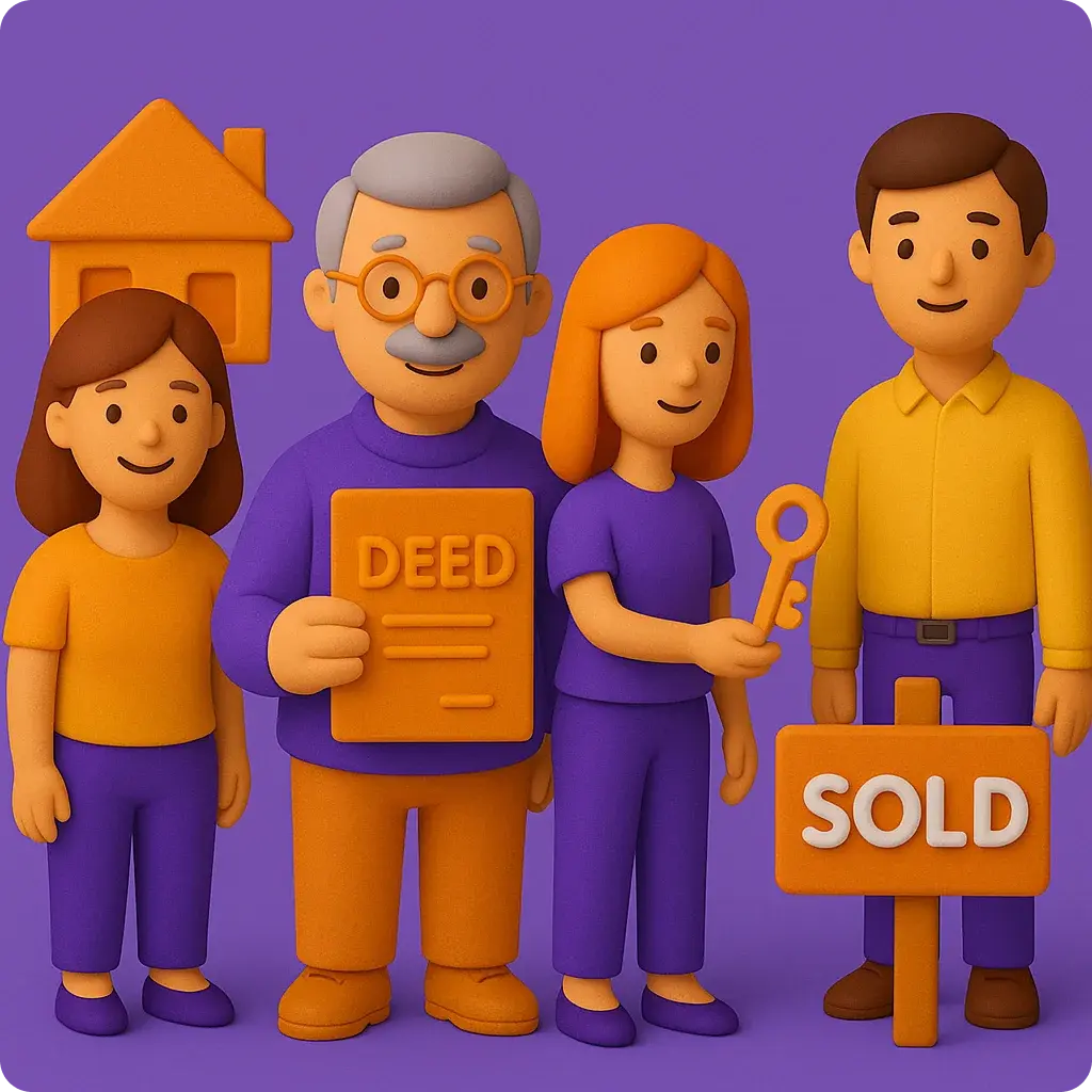 Illustration of a happy group of people completing a property deal, with an elderly man holding a deed document, a woman holding a key, a sold sign, and a house icon in the background, representing successful real estate transactions.