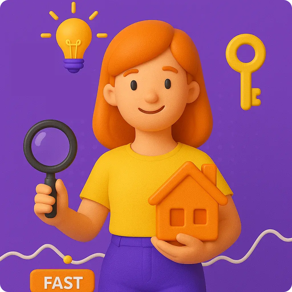 Illustration of a smiling woman holding a magnifying glass and a house model, with a light bulb and a key icon in the background, representing fast property search and real estate solutions.