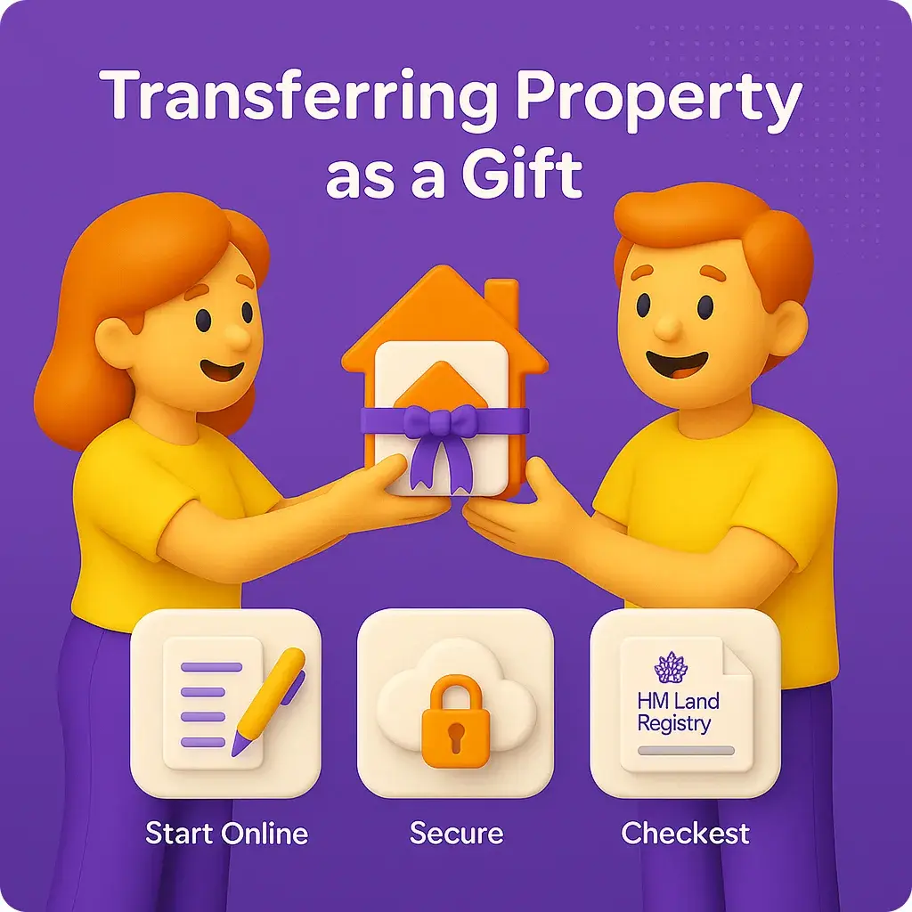 Illustration of a woman and a man exchanging a house gift with a ribbon, representing property transfer as a gift.