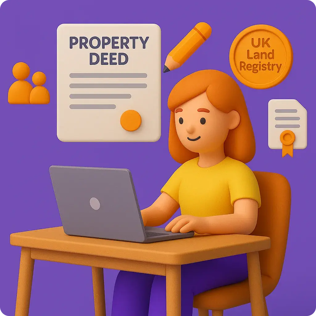 Illustration of a woman using a laptop to manage a property deed, with UK Land Registry, certificate, and people icons in the background.