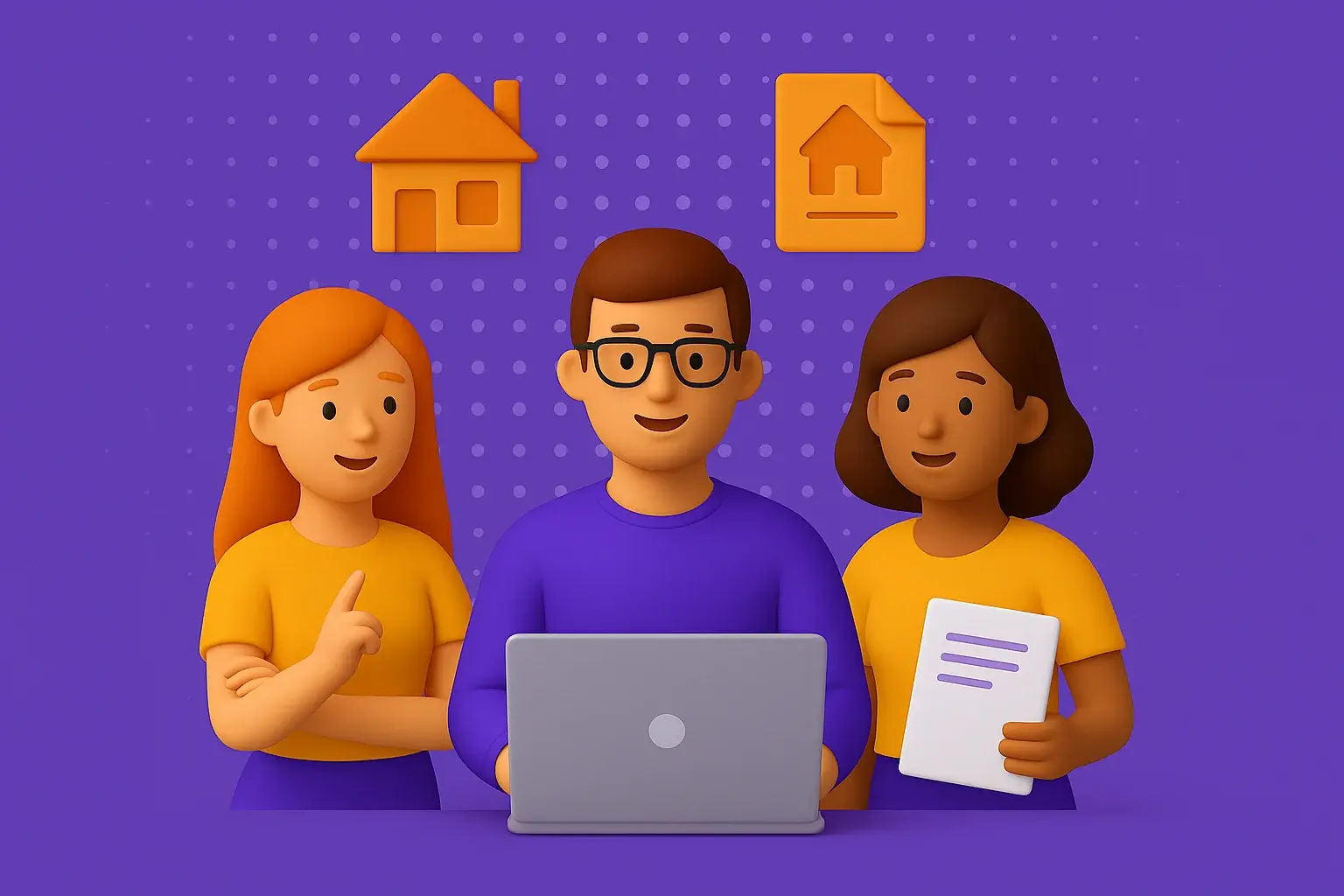 Illustration of three diverse team members working together on a laptop, representing collaboration and support in online property deed transfers.-1