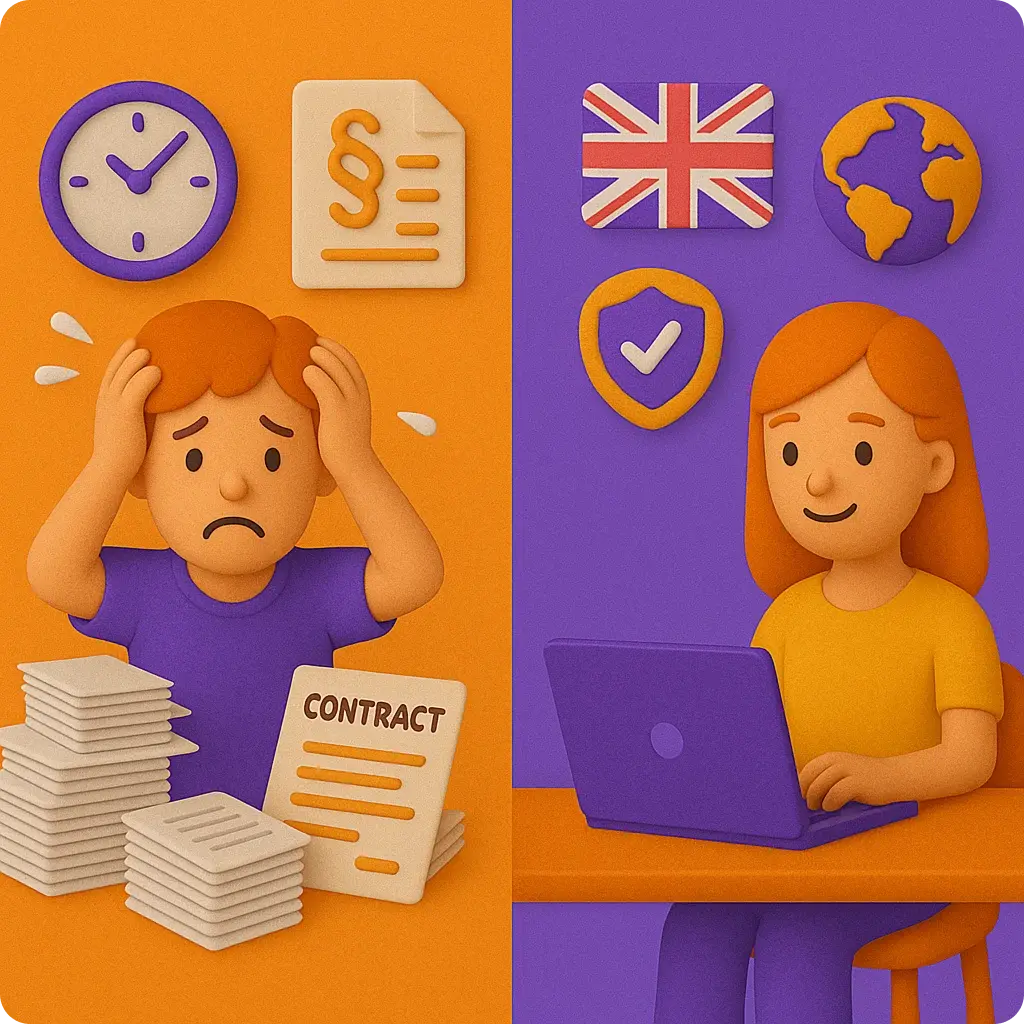 The illustration shows a stressed man overwhelmed with paperwork and contracts on one side and a smiling woman working calmly on a laptop with icons of a UK flag, globe, and security shield on the other, representing simplified property management and legal processes.