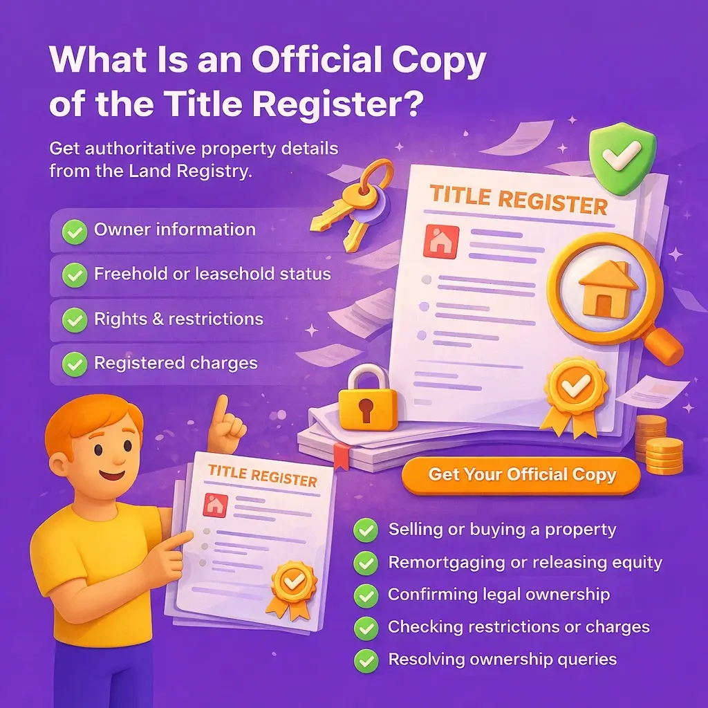 A 3D illustration on a purple background showing an official “Title Register” document with a house, magnifying glass, keys, and a security badge, while a character points toward the document to represent verified property ownership records.