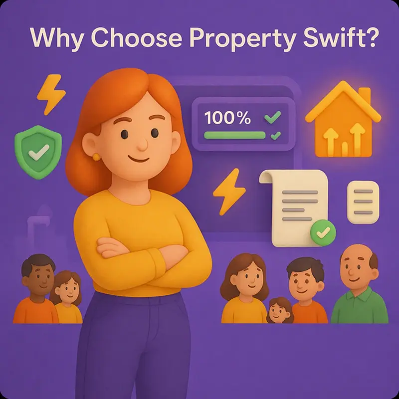 Online property transfer service illustration showing a secure digital property ownership transfer process with legal approval and compliance
