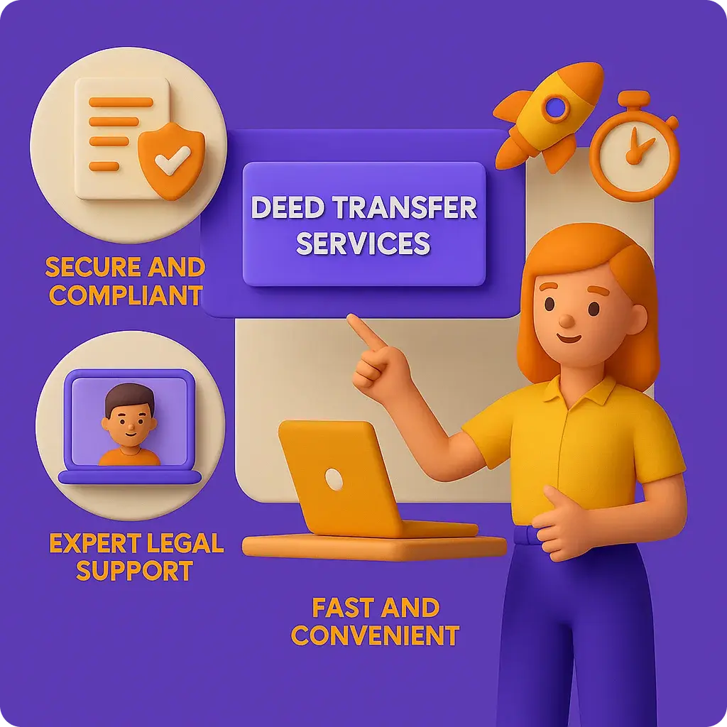 Professional woman in yellow shirt pointing to DEED TRANSFER SERVICES with icons highlighting secure compliance, expert legal support, and fast convenient service on purple background.