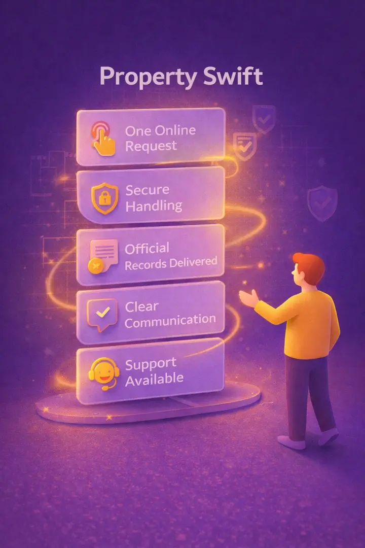 3D illustration of Property Swift’s digital workflow shown as stacked service cards—one online request, secure handling, official records delivered, clear communication, and support available—with a friendly character gesturing beside them on a purple background, conveying simplicity and trust.