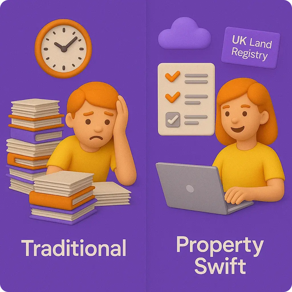 Split comparison Traditional shows stressed man with stacks of paperwork and clock; Property Swift shows happy woman at laptop with checklist and UK Land Registry cloud integration on purple background.