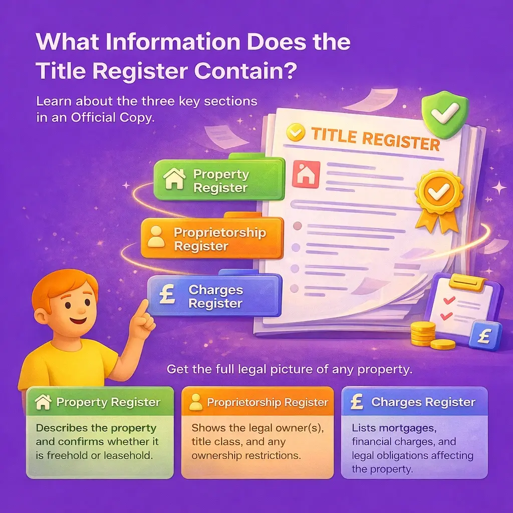 A colourful 3D scene on a purple background showing a Title Register document with three highlighted sections—Property Register, Proprietorship Register, and Charges Register—while a character points to them to explain how property ownership, rights, and charges are recorded.