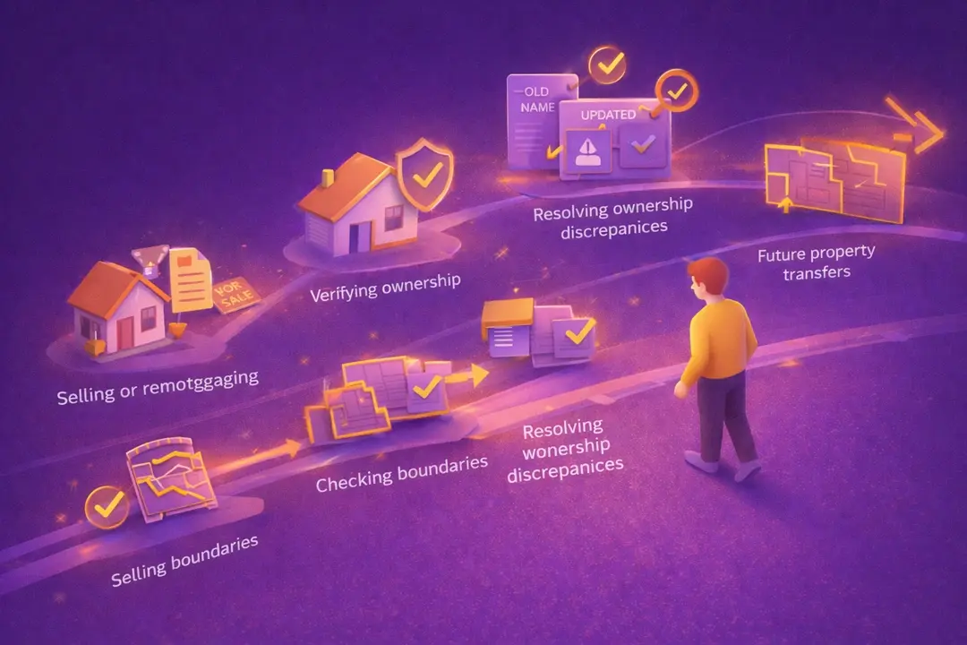 Soft 3D illustration of a man walking along a purple timeline showing property tasks like selling, verifying ownership, checking boundaries and transfers, with glowing icons and documents representing official property records.