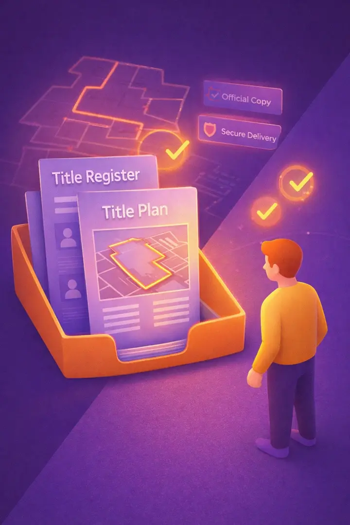 3D illustration of a property document folder holding Title Register and Title Plan papers, with glowing boundary maps and verification icons, as a person reviews them against a purple background, representing official property records and legal clarity.