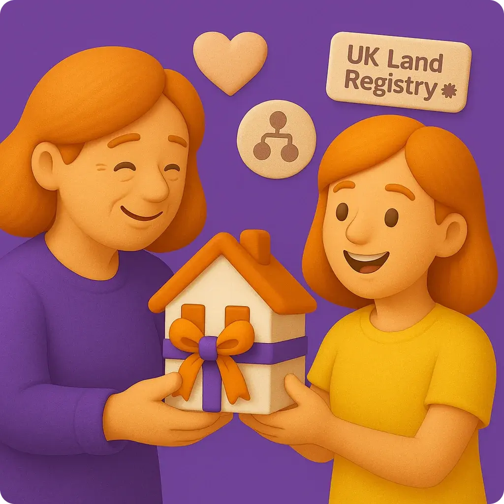 Two women exchanging a gift-wrapped house with purple ribbon, surrounded by heart icon, family tree symbol, and UK Land Registry badge on purple background, depicting property gifting between family.