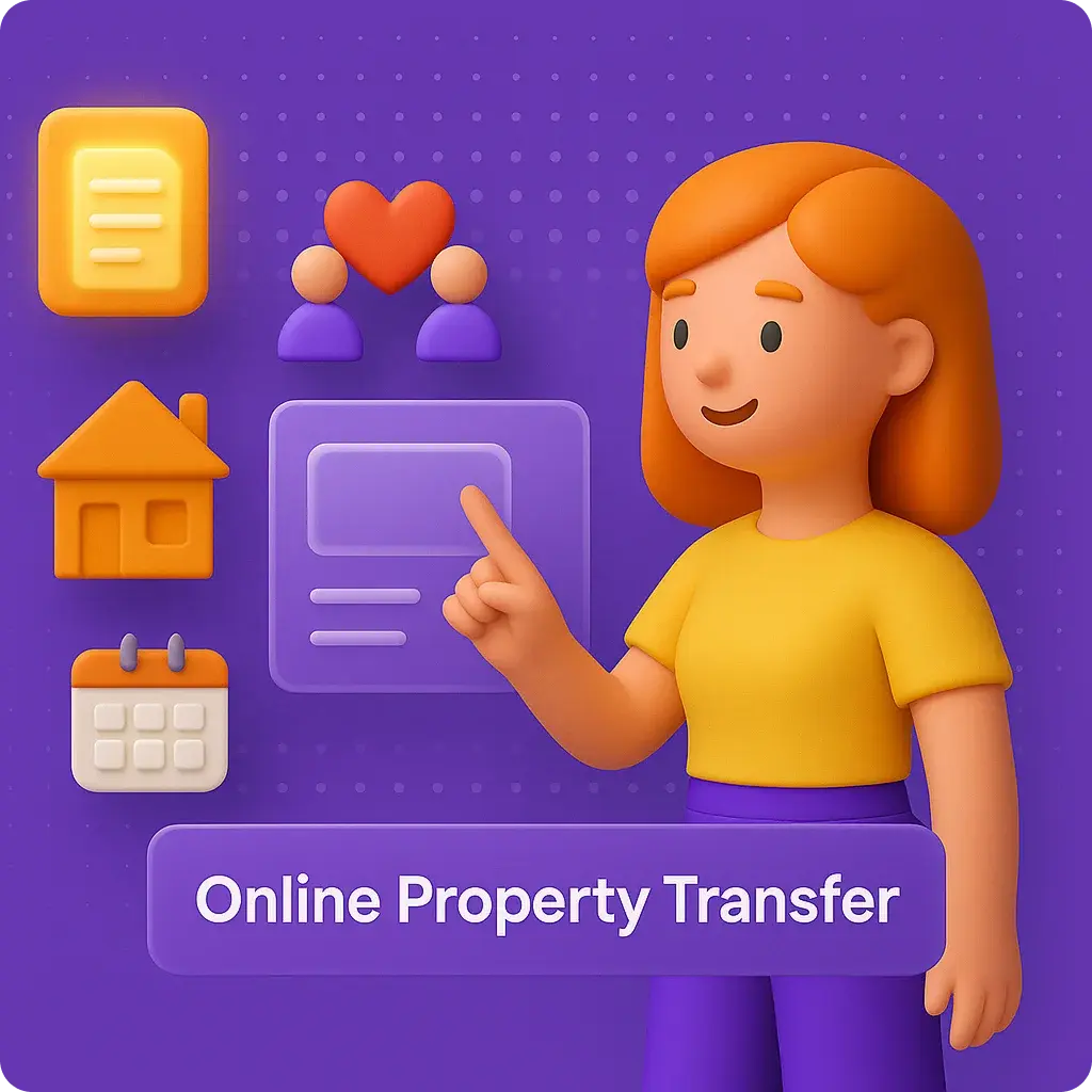 Woman pointing at digital interface with icons representing online property transfer document, couple with heart, house, and calendar, with Online Property Transfer text on purple background.